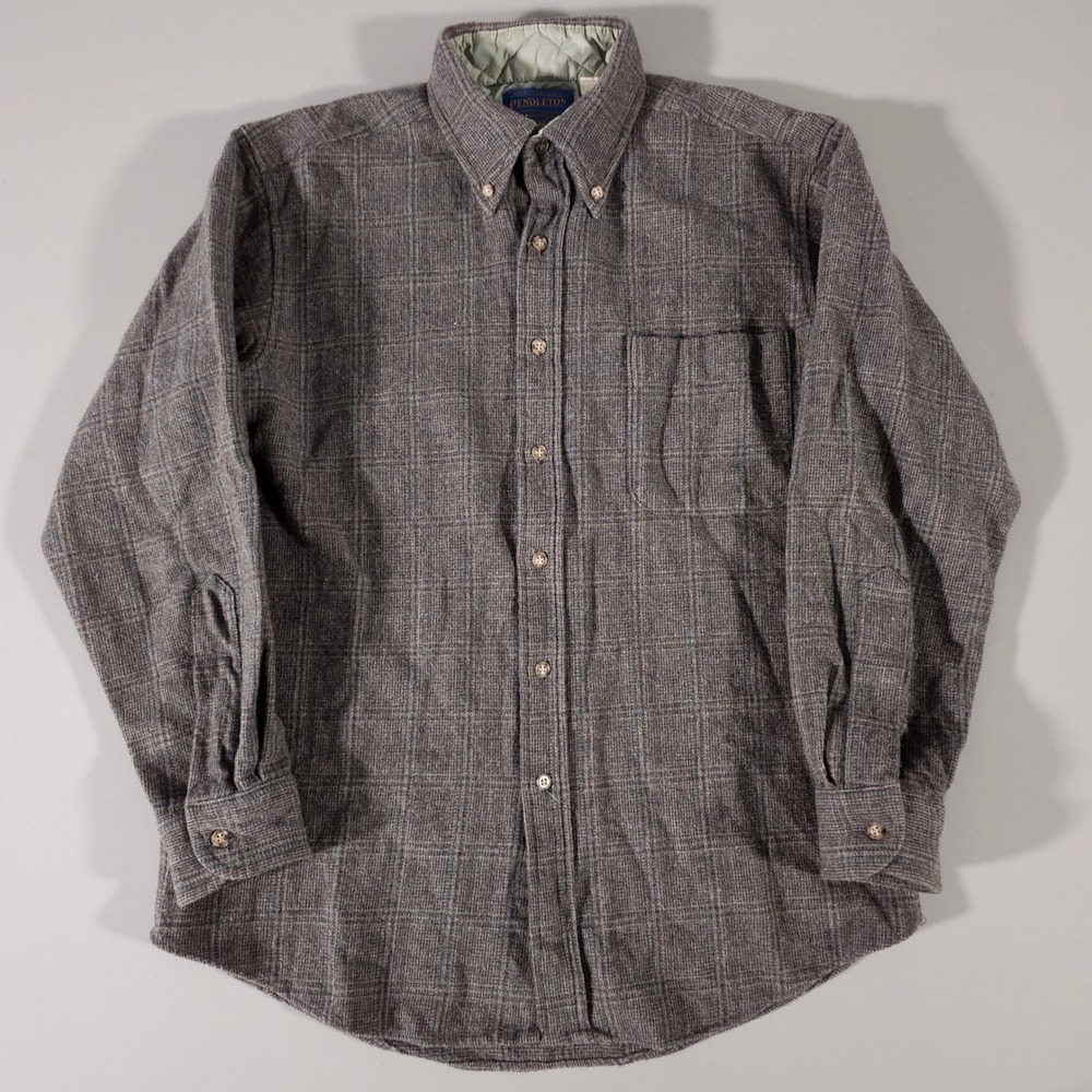 Pendleton Button Down Shirt Mens M Grey Plaid Pure Virgin Wool USA Made
